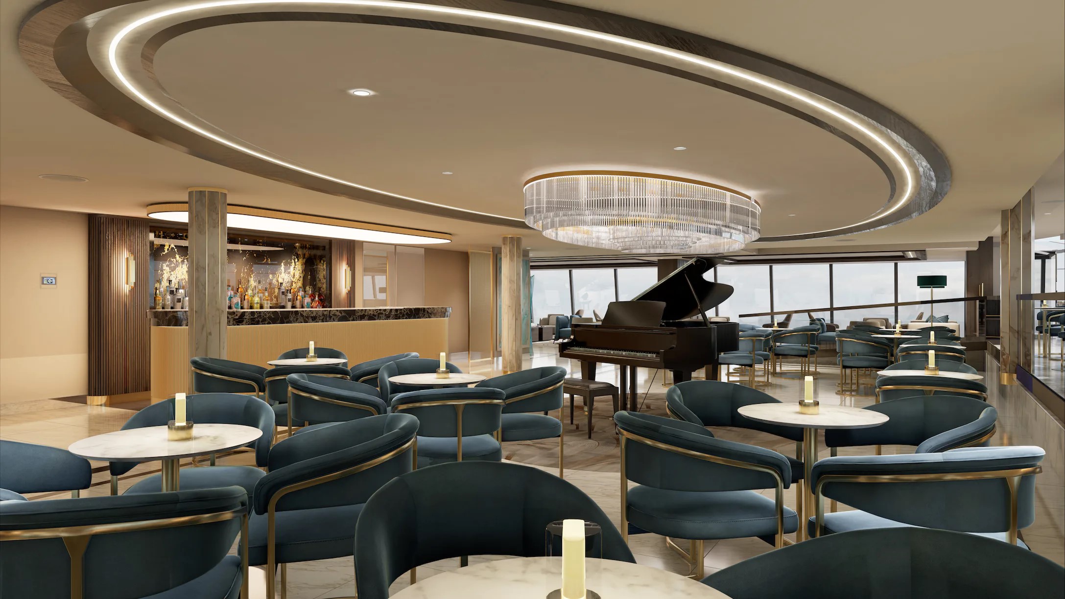 Lounge mit Klavier des Kreuzfahrtschiffes Explora 1