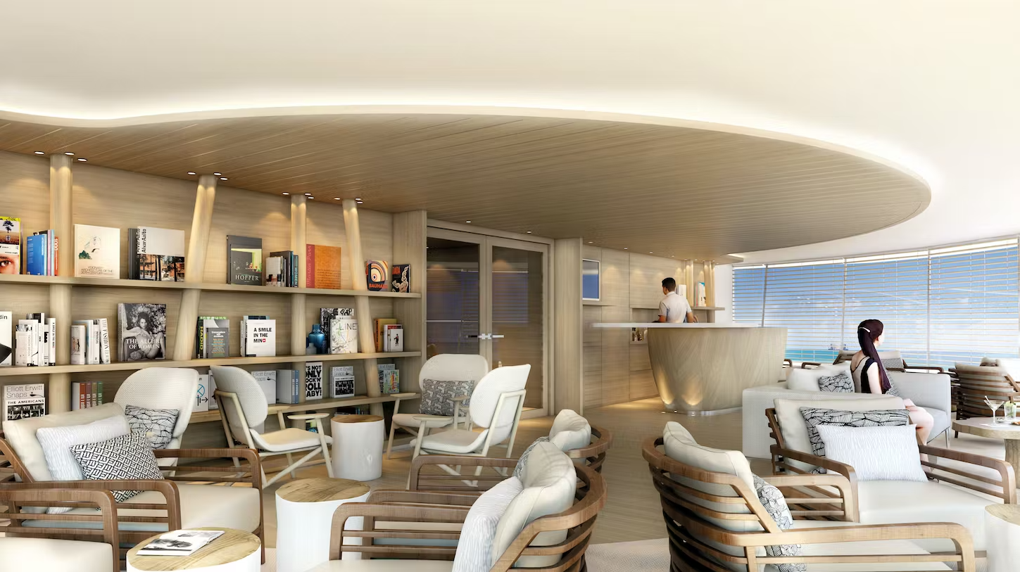 Lounge mit Panoramafenster des Kreuzfahrtschiffes Le Lapérouese